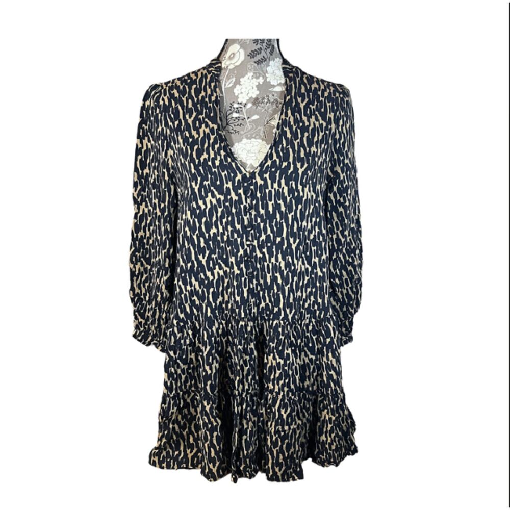 Women Zara Claris LS Animal Print Tiered Mini Dress Brown Black Size M